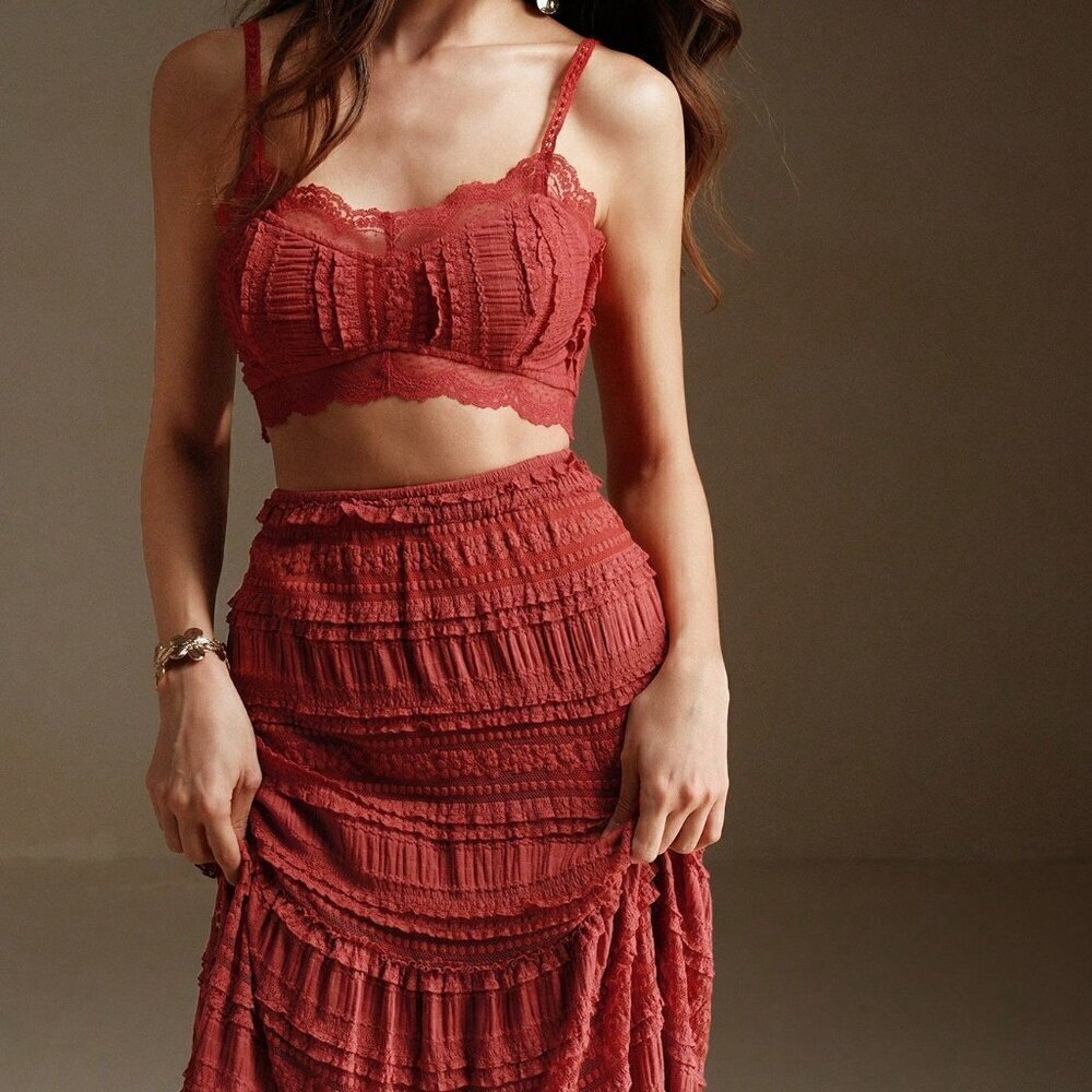 Red Elegant Women's Lace Camisole And Extra Long Skirt set